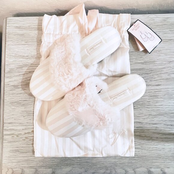 New Victoria's Secret Slippers Small 5 6 Pink White Stripe Satin Faux Fur NWT - Picture 3 of 14